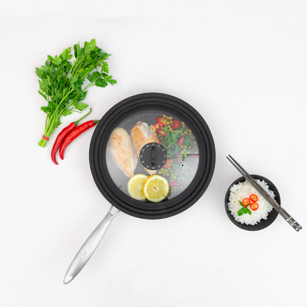 Universal Glass Lid With Detachable Timer Knob + Soft Touch Silicone Rims Cookware Kleva Range - Everyday Innovations   