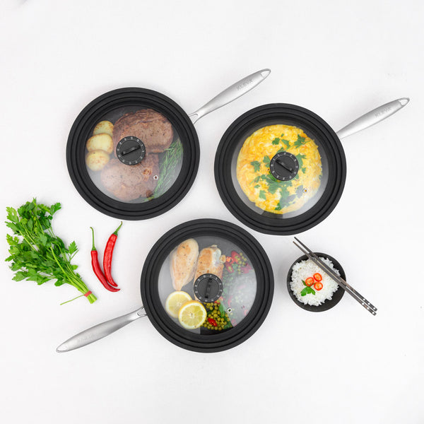 Universal Glass Lid With Detachable Timer Knob + Soft Touch Silicone Rims Cookware Kleva Range - Everyday Innovations   