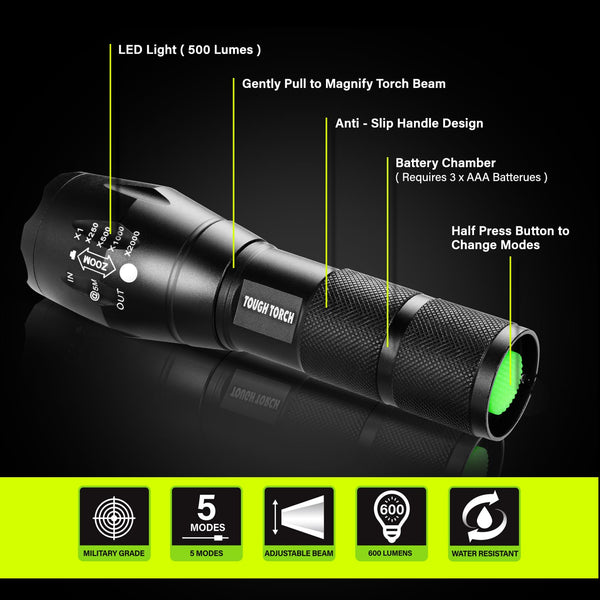 Tough Torch Trio Military Grade, Water Resistant LED Flashlights With 5 Modes gardening and outdoor Kleva Range   