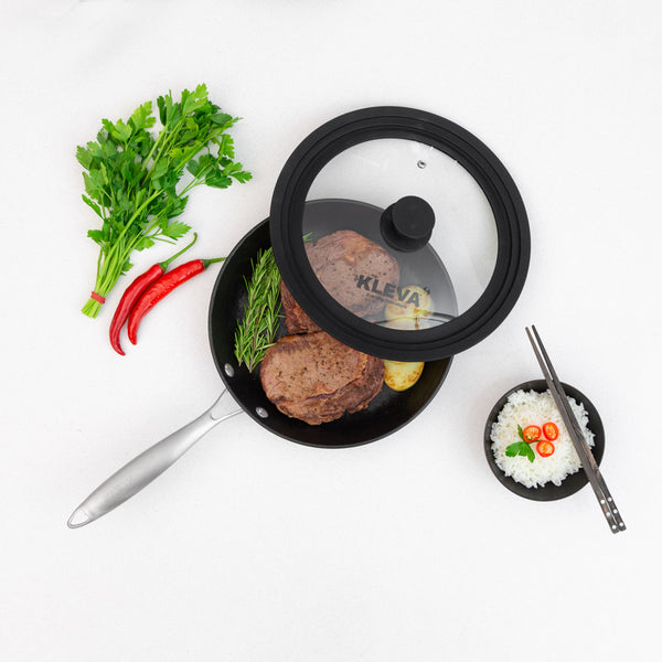 Universal Glass Frying Pan Lid With Soft Touch Rims - From sizes 24cm - 30cm Cookware Kleva Range - It's Kleva, It's Simple, It Works   