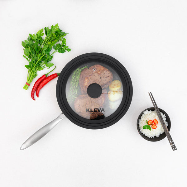 Universal Glass Frying Pan Lid With Soft Touch Rims - From sizes 24cm - 30cm Cookware Kleva Range - It's Kleva, It's Simple, It Works   