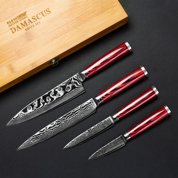 Professional 67 Layer Damascus Steel 4pc Chef Knife Set Beautiful Bamboo Case Kitchen Knives Kleva Range   