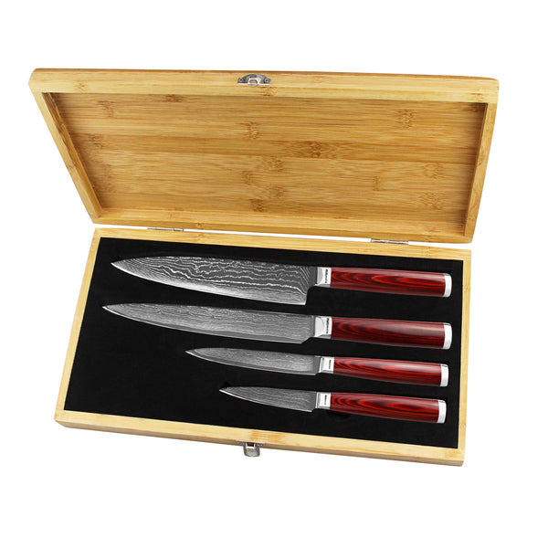 Professional 67 Layer Damascus Steel 4pc Chef Knife Set Beautiful Bamboo Case Kitchen Knives Kleva Range   