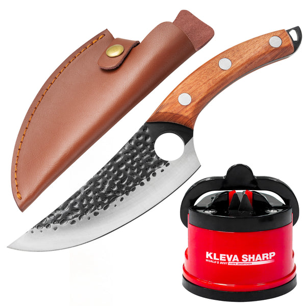 Versatile Stainless Steel Knife With Leather Sheath Kitchen Knives Kleva Range Knife + Sharpner  